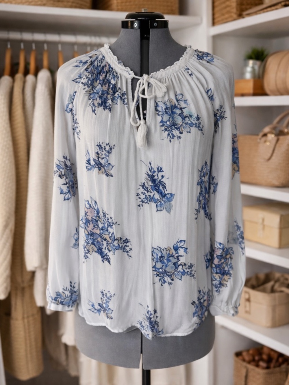 Lucky Brand White Blouse with Blue Floral Print and Tie Neck